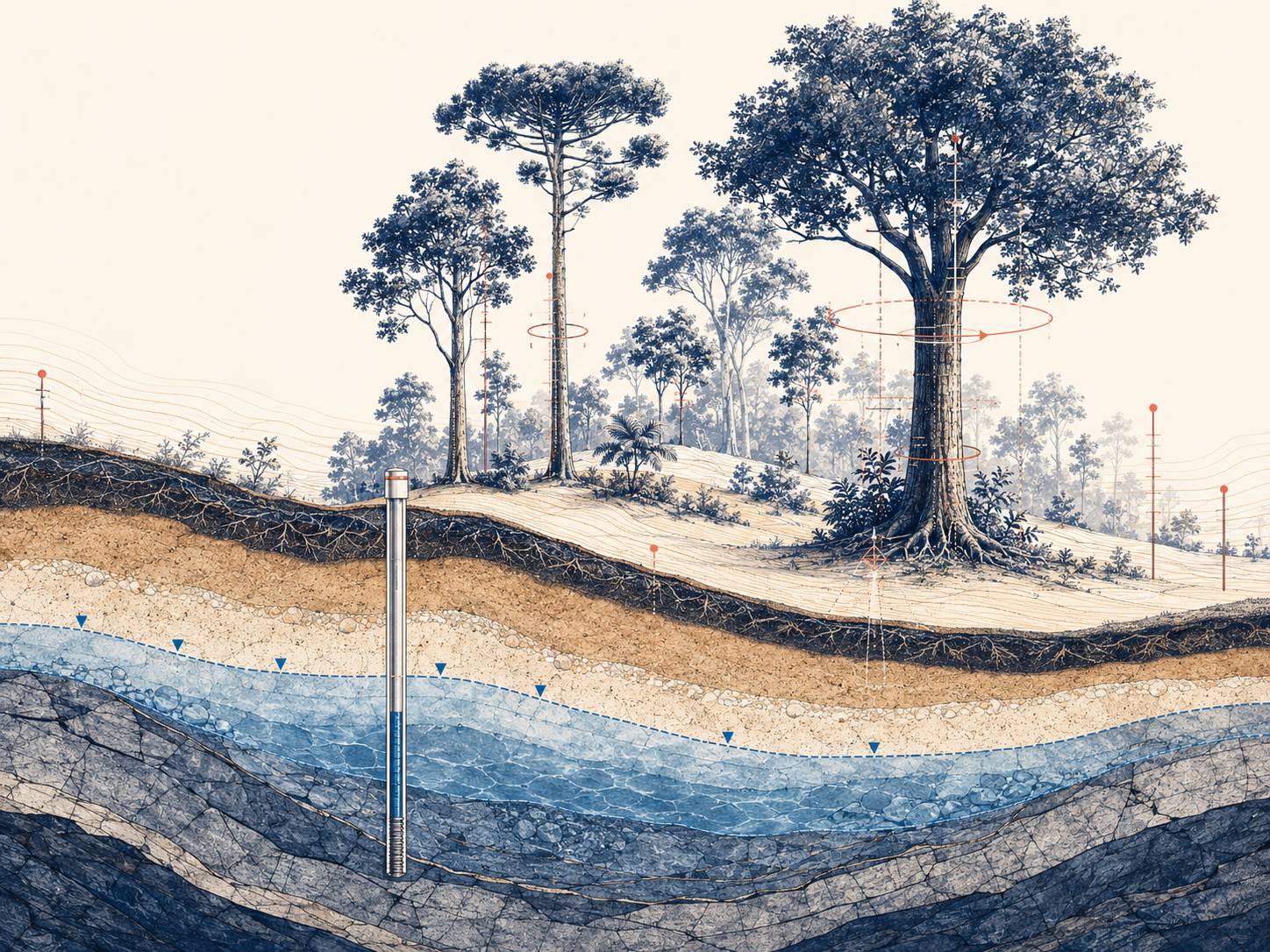 Ilustração técnica de hidrogeologia e inventário florestal